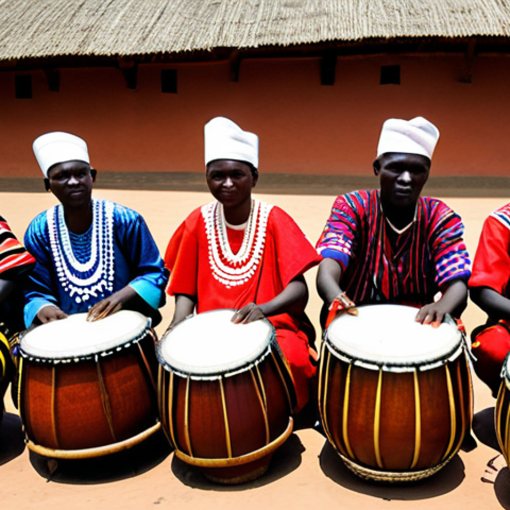 Gishora Drum Sanctuary Performance**

"A vibrant and energetic performance at the Gishora Drum Sanctuary in Burundi. Burundian drummers in traditional, colorful clothing are playing drums with intense focus and skill. The sanctuary is a sacred space with traditional architecture in the background. Perfect anatomy, correct proportions, natural pose, well-formed hands, proper finger count, natural body proportions, professional photography, high quality, safe for work, appropriate content, fully clothed, professional."

**