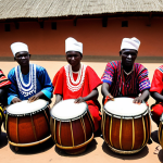 Gishora Drum Sanctuary Performance**

"A vibrant and energetic performance at the Gishora Drum Sanctuary in Burundi. Burundian drummers in traditional, colorful clothing are playing drums with intense focus and skill. The sanctuary is a sacred space with traditional architecture in the background. Perfect anatomy, correct proportions, natural pose, well-formed hands, proper finger count, natural body proportions, professional photography, high quality, safe for work, appropriate content, fully clothed, professional."

**