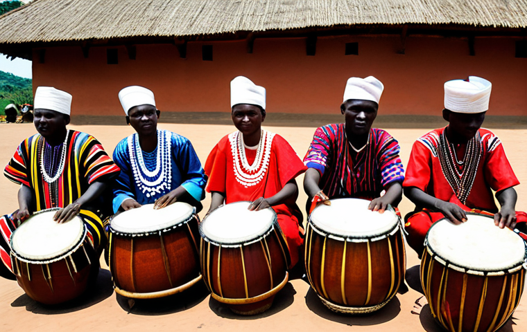 Gishora Drum Sanctuary Performance**

"A vibrant and energetic performance at the Gishora Drum Sanctuary in Burundi. Burundian drummers in traditional, colorful clothing are playing drums with intense focus and skill. The sanctuary is a sacred space with traditional architecture in the background. Perfect anatomy, correct proportions, natural pose, well-formed hands, proper finger count, natural body proportions, professional photography, high quality, safe for work, appropriate content, fully clothed, professional."

**