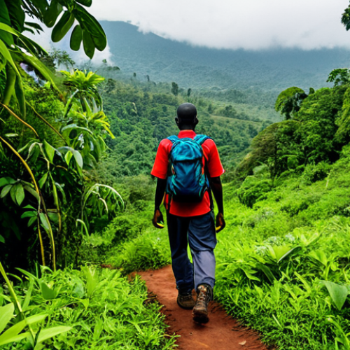 부룬디의 기후와 의상 선택 - Hiking in Kibira National Park**

"A hiker, fully clothed in appropriate attire, with a backpack, hi...