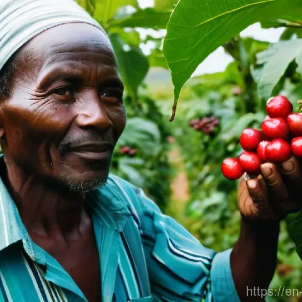부룬디의 커피 농업 - **Prompt:** A vivid, sun-drenched scene on a steep Burundian hillside. A seasoned, older Burundian c...