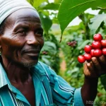 부룬디의 커피 농업 - **Prompt:** A vivid, sun-drenched scene on a steep Burundian hillside. A seasoned, older Burundian c...