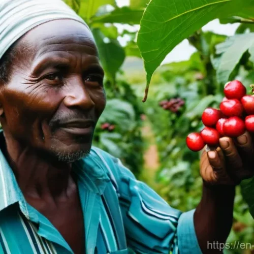부룬디의 커피 농업 - **Prompt:** A vivid, sun-drenched scene on a steep Burundian hillside. A seasoned, older Burundian c...