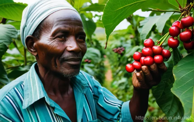 부룬디의 커피 농업 - **Prompt:** A vivid, sun-drenched scene on a steep Burundian hillside. A seasoned, older Burundian c...