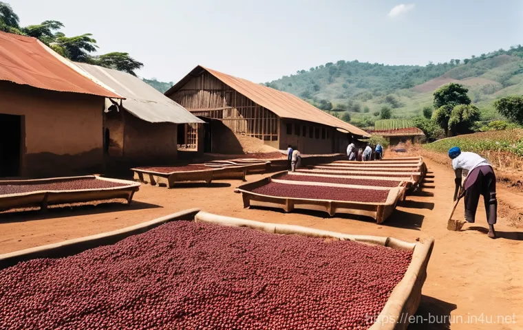 부룬디의 커피 농업 - **Prompt:** A vivid, sun-drenched scene on a steep Burundian hillside. A seasoned, older Burundian c...
