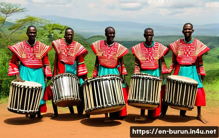 부룬디 유네스코 문화유산 후보 - **Gishora Drum Sanctuary: Rhythmic Guardians**
    "A vibrant and energetic outdoor scene at the Gis...
