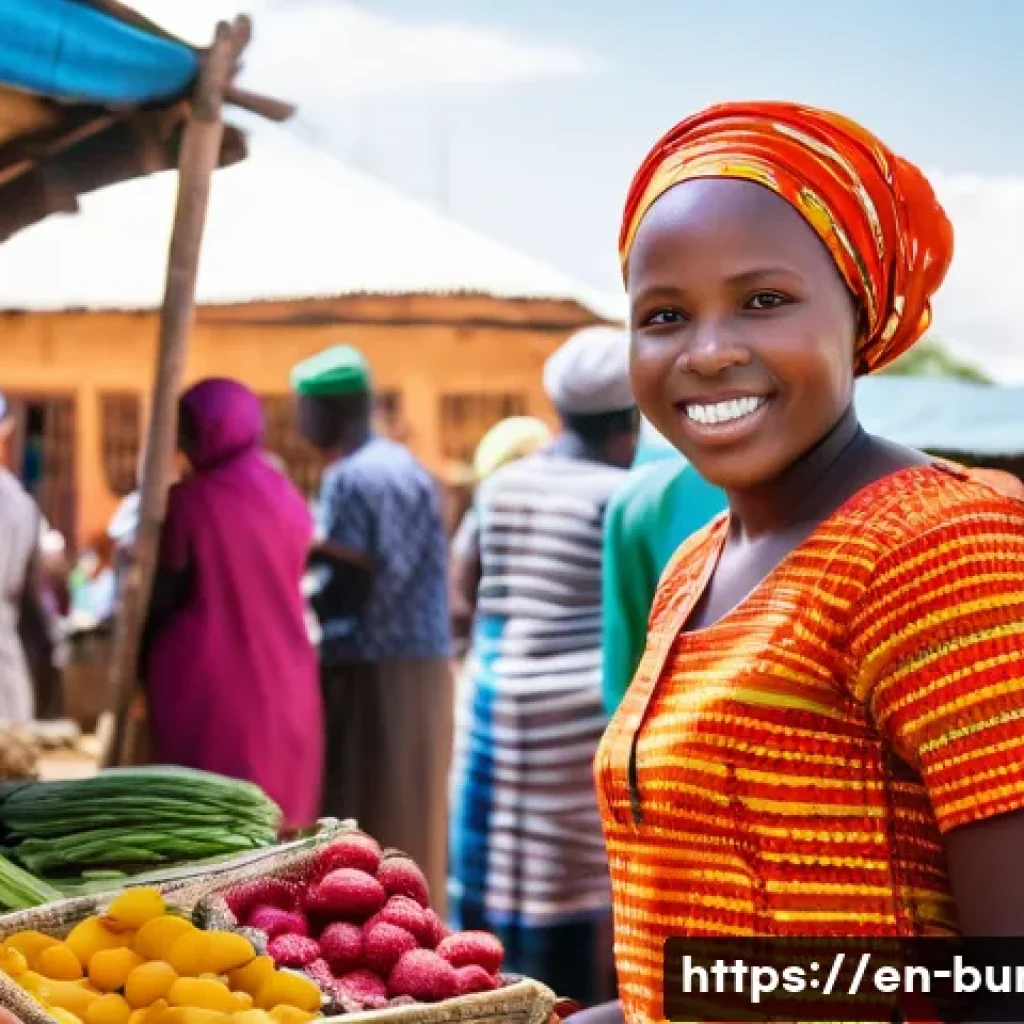 부룬디 여성의 역할 - A vibrant scene of a Burundian woman entrepreneur in a bustling local market, wearing modest, colorf...