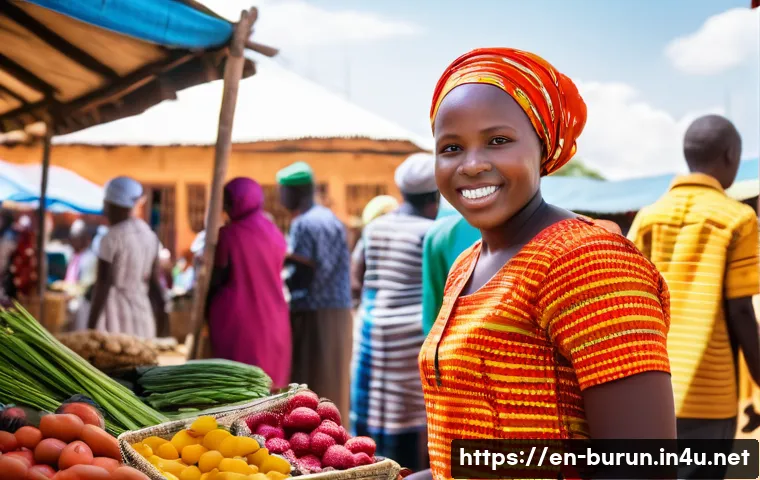부룬디 여성의 역할 - A vibrant scene of a Burundian woman entrepreneur in a bustling local market, wearing modest, colorf...