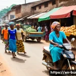 부룬디로 이주한 외국인의 경험 - A bustling street scene in Bujumbura, Burundi, featuring a lively market with colorful stalls sellin...