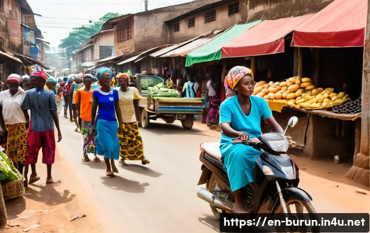 부룬디로 이주한 외국인의 경험 - A bustling street scene in Bujumbura, Burundi, featuring a lively market with colorful stalls sellin...