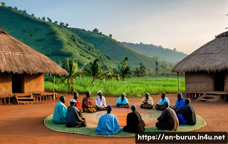 부룬디 내전과 평화 프로세스 - A detailed, realistic scene of a diverse Burundian village community gathering for a traditional rec...
