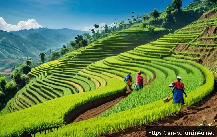 부룬디의 대표적 인물 - A vibrant rural scene in Burundi showcasing farmers on steep hillsides using terracing agricultural ...
