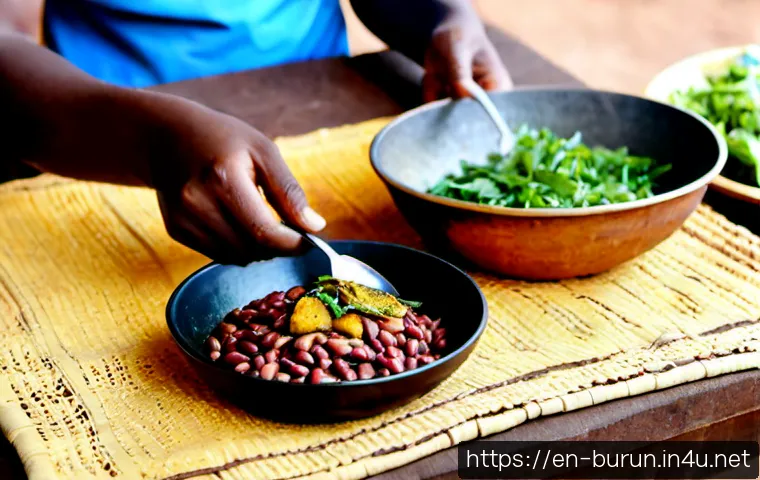 부룬디 로컬 음식 맛보기 - Photorealistic close-up of a welcoming Burundian home-style meal on a woven table mat: steaming red ...